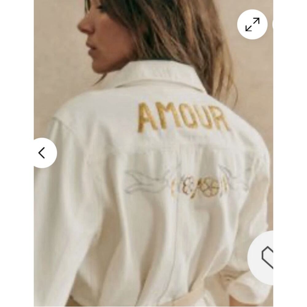 Sezane x CSAO Will Jacket in Cream Denim with Gold AMOUR Embroidery - XS